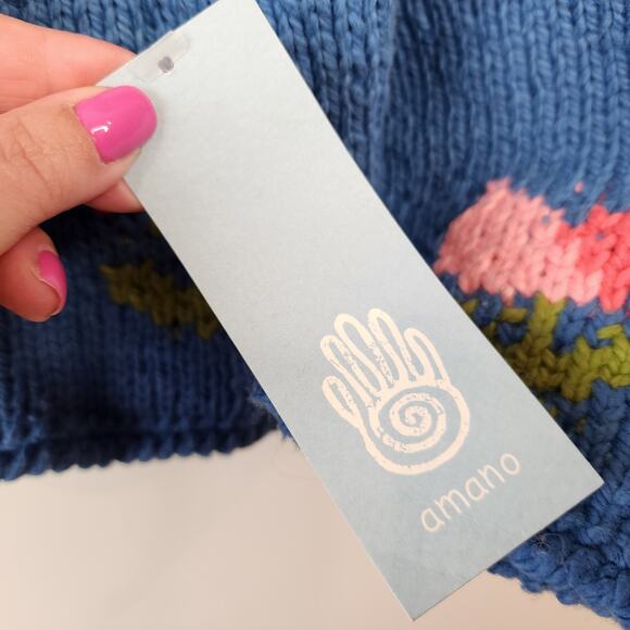 Rare NWT Vintage Amano S/M Hand Knit Cotton Cardigan Tulips Floral Blue Bolivia - Picture 9 of 10